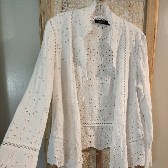 Lauren Ralph Lauren White Eyelet Open Front Jacket Cardigan Women’s Large - Picture 1 of 4